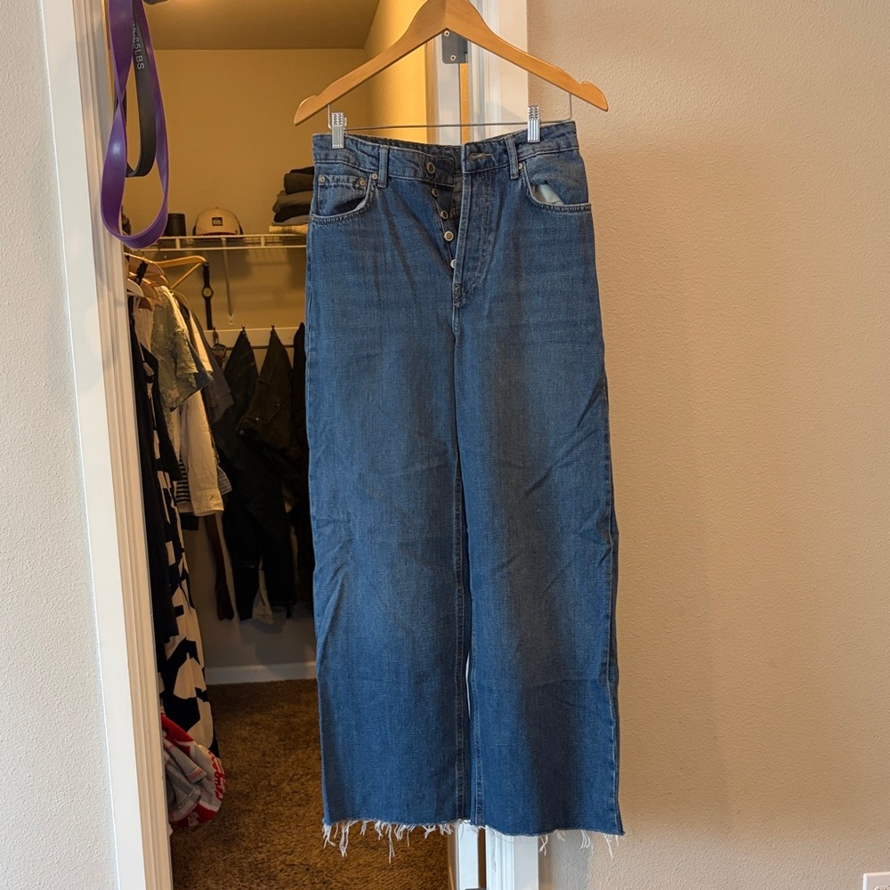 Zara Dark Blue Wide-Leg Button-Fly Jeans